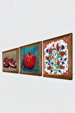 Çini Sanatı Lale, Nar Taş Duvar Tablosu Ahşap Çerçeveli Duvar Dekoru 3 Parça Tablo Seti Wall Art