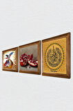 Felak Suresi, Semazen, Nar Taş Duvar Tablosu Ahşap Çerçeveli Duvar Dekoru 3 Parça Tablo Seti Wall Art