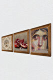 Çingene Kızı Mozaiği, Hayat Ağacı, Nar Taş Duvar Tablosu Ahşap Çerçeveli Duvar Dekoru 3 Parça Tablo Seti Wall Art