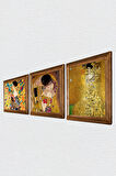 Gustav Klimt Yelpazeli Kadın, Bauer'in Portresi, Öpücük Taş Duvar Tablosu Ahşap Çerçeveli Duvar Dekoru 3 Parça Tablo Seti Wall Art