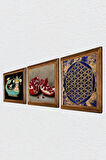 Yaşam Çiçeği, Şahmeran, Nar Taş Duvar Tablosu Ahşap Çerçeveli Duvar Dekoru 3 Parça Tablo Seti Wall Art