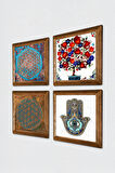 Yaşam Çiçeği, Nar Ağacı, Fatma Ana Eli (Hamsa) Taş Duvar Tablosu Ahşap Çerçeveli Duvar Dekoru 4 Parça Tablo Seti Wall Art