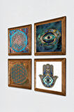 Nazar, Yaşam Çiçeği, Fatma Ana Eli (Hamsa) Taş Duvar Tablosu Ahşap Çerçeveli Duvar Dekoru 4 Parça Tablo Seti Wall Art