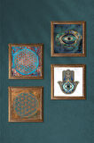 Nazar, Yaşam Çiçeği, Fatma Ana Eli (Hamsa) Taş Duvar Tablosu Ahşap Çerçeveli Duvar Dekoru 4 Parça Tablo Seti Wall Art