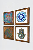 Nazar, Yaşam Çiçeği, Fatma Ana Eli (Hamsa) Taş Duvar Tablosu Ahşap Çerçeveli Duvar Dekoru 4 Parça Tablo Seti Wall Art