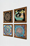 Mandala, Sri Yantra, Yaşam Çiçeği, Şahmeran Taş Duvar Tablosu Ahşap Çerçeveli Duvar Dekoru 4 Parça Tablo Seti Wall Art