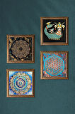Mandala, Sri Yantra, Yaşam Çiçeği, Şahmeran Taş Duvar Tablosu Ahşap Çerçeveli Duvar Dekoru 4 Parça Tablo Seti Wall Art