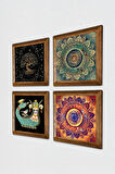 Mandala, Hayat Ağacı, Şahmeran Taş Duvar Tablosu Ahşap Çerçeveli Duvar Dekoru 4 Parça Tablo Seti Wall Art