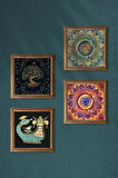 Mandala, Hayat Ağacı, Şahmeran Taş Duvar Tablosu Ahşap Çerçeveli Duvar Dekoru 4 Parça Tablo Seti Wall Art
