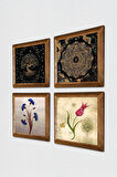 Ebru Sanatı, Sri Yantra, Hayat Ağacı, Lale Taş Duvar Tablosu Ahşap Çerçeveli Duvar Dekoru 4 Parça Tablo Seti Wall Art