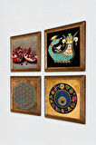 Yaşam Çiçeği, Nazar, Şahmeran, Nar Taş Duvar Tablosu Ahşap Çerçeveli Duvar Dekoru 4 Parça Tablo Seti Wall Art
