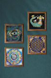 Mandala, Nazar, Yaşam Çiçeği, Şahmeran Taş Duvar Tablosu Ahşap Çerçeveli Duvar Dekoru 4 Parça Tablo Seti Wall Art