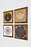 Lotus Çiçeği, Sri Yantra, Yaşam Çiçeği, Nazar Taş Duvar Tablosu Ahşap Çerçeveli Duvar Dekoru 4 Parça Tablo Seti Wall Art