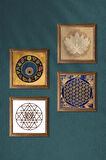Lotus Çiçeği, Sri Yantra, Yaşam Çiçeği, Nazar Taş Duvar Tablosu Ahşap Çerçeveli Duvar Dekoru 4 Parça Tablo Seti Wall Art