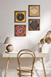 Mandala, Lotus Çiçeği, Yaşam Çiçeği, Nazar Taş Duvar Tablosu Ahşap Çerçeveli Duvar Dekoru 4 Parça Tablo Seti Wall Art