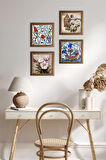 Çini Sanatı Yelkenli Gemi, Lale, Kelebekli Çiçek Taş Duvar Tablosu Ahşap Çerçeveli Duvar Dekoru 4 Parça Tablo Seti Wall Art