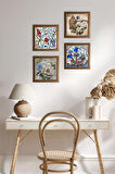 Çini Sanatı Yelkenli Gemi, Lale, Kelebekli Çiçek Taş Duvar Tablosu Ahşap Çerçeveli Duvar Dekoru 4 Parça Tablo Seti Wall Art