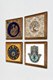 Tavus Kuşu, Nazar, Hayat Ağacı, Fatma Ana Eli (Hamsa) Taş Duvar Tablosu Ahşap Çerçeveli Duvar Dekoru 4 Parça Tablo Seti Wall Art
