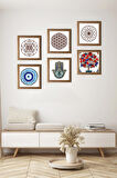Nazar, Yaşam Çiçeği, Sri Yantra, Nar Ağacı, Fatma Ana Eli (Hamsa) Taş Duvar Tablosu Ahşap Çerçeveli Duvar Dekoru 6 Parça Tablo Seti Wall Art