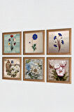 Ebru Sanatı, Kelebekli Çiçek Taş Duvar Tablosu Ahşap Çerçeveli Duvar Dekoru 6 Parça Tablo Seti Wall Art