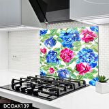 PRATİK DEKOR Renkli Çiçek Desenli Cam Ocak Ankastre Arkası Koruyucu 60x52 cm
