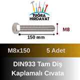 Çelik Cıvata 8X150 DIN933 Beyaz 5 Adet 8.8 Altıköşe