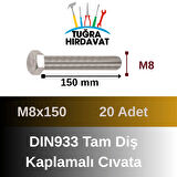 Çelik Cıvata 8X150 DIN933 Beyaz 20 Adet 8.8 Altıköşe