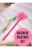 2Lİ SET PEMBE KALEM VE ROKET YUMURTLAYAN SİLGİ AKSESUARLI KALEM HEDİYE SÜSLÜ KURŞUNKALEM