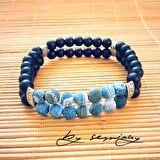 Doğal Akik ve Siyah Oniks Taşlı Çift Sıralı Doğaltaş Bileklik