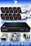 PICAM 10 Kameralı Kare 10 Dış Kamera Set HDD'siz Full HD Gece Görüşlü Güvenlik Kamerası Sistemi