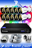 PICAM 10 Kameralı Kare 10 Dış Kamera Set HDD'siz Full HD Renkli Gece Görüşlü Güvenlik Kamerası Sistemi