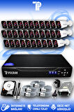PICAM 32 Kameralı Kare 32 Dış Kamera Set 250 GB HDD Full HD Gece Görüşlü Güvenlik Kamerası Sistemi