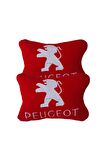 Peugeot Uyumlu Beyaz Nakışlı Kırmızı Polar Araç & Oto Koltuk Seyahat Boyun Yastığı / 2'Li Set