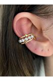 Kalp ve İncili Zirkon Taşlı Altın Kaplama Kıkırdak Earcuff
