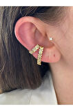 Zirkon Taşlı Sıralı Kalp Altın Kaplama Kadın Earcuff Kıkırdak Küpe