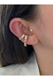 Zirkon Taşlı Sıralı Kalp Altın Kaplama Kadın Earcuff Kıkırdak Küpe