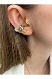 Vıp Seri - Zirkon Taşlı Çengelli Iğne Altın Kaplama Kıkırdak Küpe Earcuff