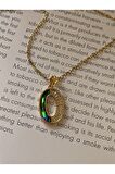Holografik Baget Taşlı Oval Çelik Kararmaz Gold Kolye