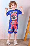 PJKSKT Örümcek Adam Desenli Saks Mavi Şortlu Erkek Çocuk Kısa Kol Takım 7517-SM