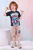 PJKSKT Stitch What Up Desenli Bej Şortlu Erkek Çocuk Kısa Kol Takım 7528-B