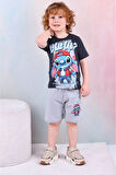 PJKSKT Stitch What Up Desenli Gri Şortlu Erkek Çocuk Kısa Kol Takım 7528-G