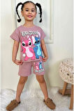 PJKSKT Stitch Desenli Gül Kurusu Şortlu Kız Çocuk Kısa Kol Takım 7537-GK