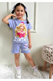 PJKSKT Barbie Desenli Lila Şortlu Kız Çocuk Kısa Kol Takım 7553-L