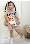 PJKSKT Forever Tatlı Ayıcık Desenli Gül Kurusu Şortlu Kız Çocuk Kısa Kol Takım 7554-GK