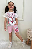 PJKSKT Sevimli Kedicik Desenli Pembe Şortlu Kız Çocuk Kısa Kol Takım 7566-P