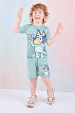 PJKSKT Bluey Desenli Yeşil Şortlu Erkek Çocuk Kısa Kol Takım 7583-Y