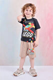 PJKSKT Lego Desenli Bej Şortlu Erkek Çocuk Kısa Kol Takım 7606-B