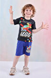 PJKSKT Lego Desenli Saks Mavisi Şortlu Erkek Çocuk Kısa Kol Takım 7606-S