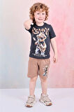 PJKSKT Relax Gitarcı Ayı Desenli Kahverengi Şortlu Erkek Çocuk Kısa Kol Takım 7608-K