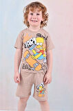 PJKSKT Simpson Desenli Bej Şortlu Erkek Çocuk Kısa Kol Takım 7616-B